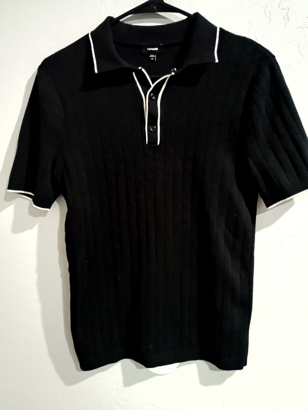 Express Men's Black Short-Sleeve Polo with White Trim
